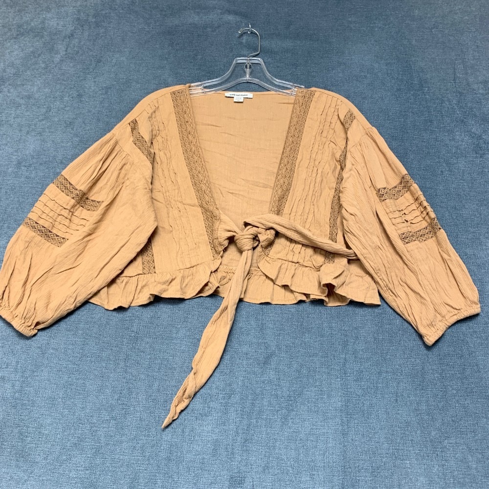 American Eagle Outfitters Cropped Top Womens S Tan Puff Sleeves Flared Tie Hem